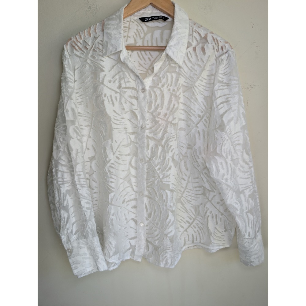 ZARA Sheer Burnout‎ Leaf Button Down Shirt Womens L White Long Sleeve Vacation